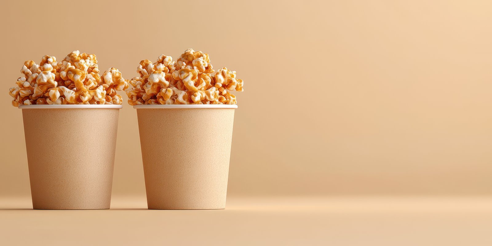 Delicious caramel popcorn in paper cups placed on a light beige surface ready for snacking during a movie night at home